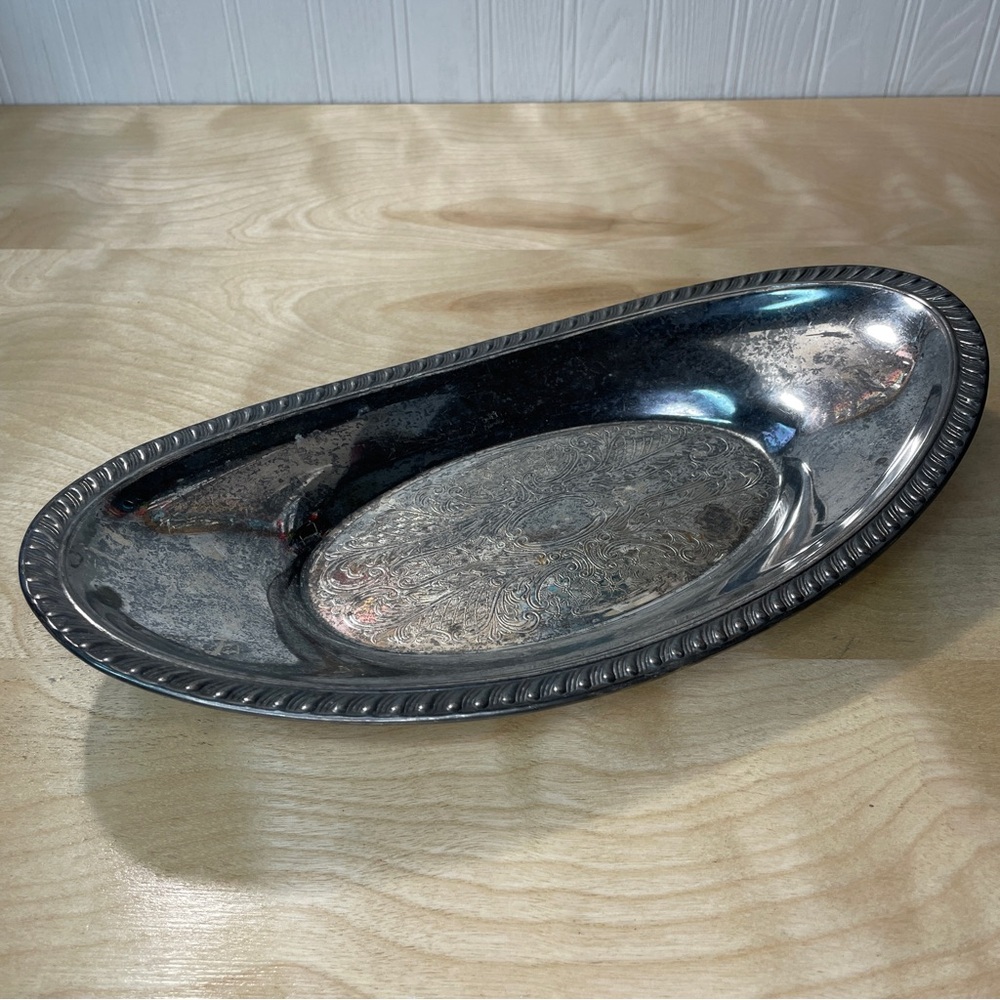 Vintage Crosby Silverplate Feathered Edge Oval Bread Tray